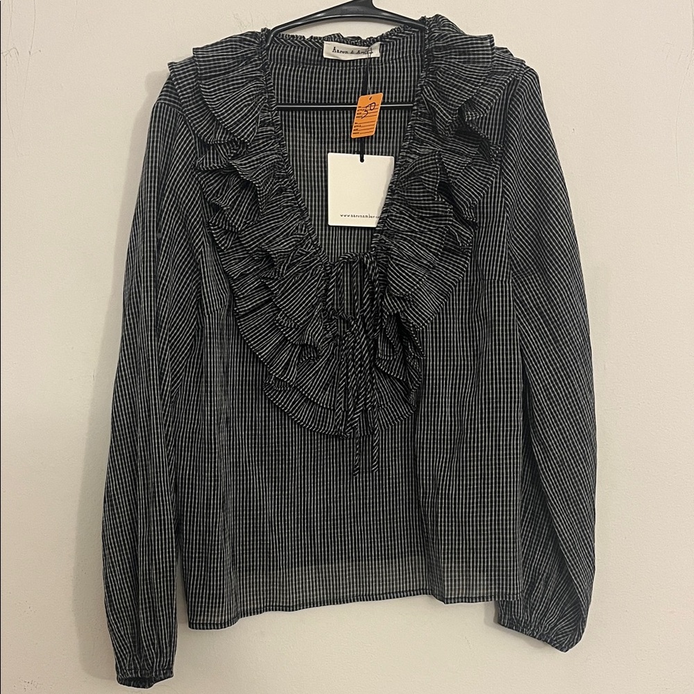 Black and White Striped Ruffle Blouse